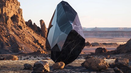 surreal black crystal monolith standing tall in a stark desert landscape