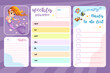 Happy mermaid weekly planner and note pages vector set