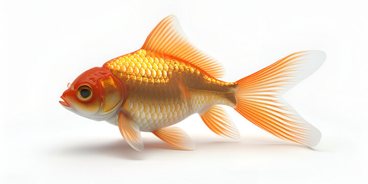 A goldfish is swimming in front of a white background, Goldfish isolated on background