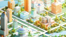 Vibrant Model Cityscape With Pastel Buildings And Busy Streets Next To River