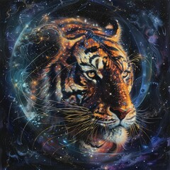 Sticker - Majestic Tiger Amidst Cosmic Fractals and Glowing Celestial Intersections