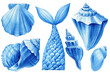 Blue summer set of seashells, isolated white background, watercolor hand-drawing, painting. Sea shells, Mermaid's tail