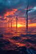 Offshore wind turbines at sunset. Generative AI image