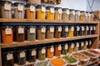 Variety of grains and spices in a bulk food store Generative AI image