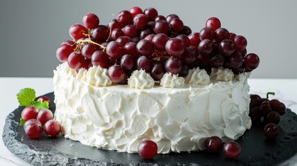 Sticker - Grapes and Cream Cake on Black Surface against White Background