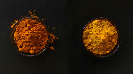 Poster - Flat lay top view of Turmeric powder and fresh turmeric curcumin on a black background Used for cooking and as herbal medicine copy space : Generative AI