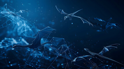 Fototapete - Abstract flying dragons on a dark blue background Technological background for design on the topic of artificial intelligence neural networks big data Copy space : Generative AI