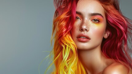 Poster - Close up photo of stylish red yellow hairstyle on gray studio background Brunette model with stunning makeup and flowing vivid hair