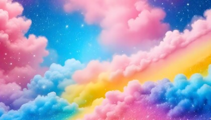 Wall Mural - A pastel rainbow unicorn background including sparkling stars. A hazy, pink fantasy sky. Charming holographic area. Fairy iridescent gradient backdrop Backgrounds	
