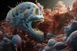A 3D animated microscopic battlefield within the human jaw, where cells combat jaw-clenching injuries and infections, no shadow