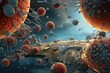 A microscopic battlefield within the human eye, depicted in 3D with immune cells fighting dust and pollen invaders among delicate fibers, medical illustration style