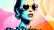 Generative AI illustration of artistic poster featuring a model in two-tone sunglasses, blending retro and modern vibes for summer sale promotions