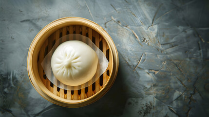 Poster - Pyanse steamed bun in a Bamboo steamer korean street food Gray background Top view Copy space : Generative AI