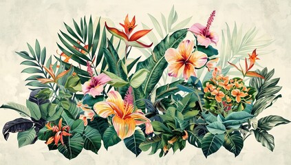  Tropical background with flowers. Exotic landscape in hand-drawn wotercolar style. Luxury wall mural. Wallpaper with leaves and flowers.