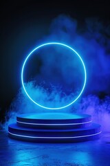 Wall Mural - Glowing neon podium, deep blue ambiance, round stage, empty dark background