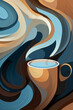 Artistic Coffee Cup with Dynamic Blue and Orange Swirls on Abstract Background