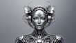 Hippie AI robot woman decorated with metallic flowers, AI generated