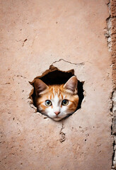 Poster - Close up view picture of the hole on the the wall that show a cute kitty stay inside the wall