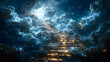 Stairs to the sky - stairway to heaven in blue clouds, entrance to the afterlife concept