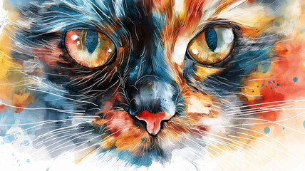 Wall Mural - A colorful cat with a black nose and blue eyes