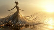 Goddess of fairy in magical dress walks on water, magical sea scene