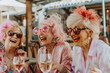 ©  J. GALIÑANES STOCK - A group of old ladies laughing and having a good time, dressed smartly and wearing makeup, sitting around having drinks. Celebration of old friends. Fun in the elderly.