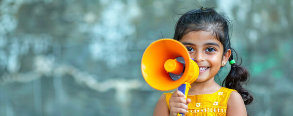 Happy Eastern Indian girl holding a megaphone