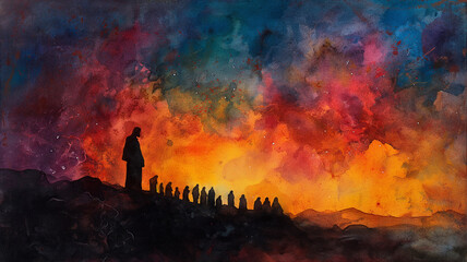 Wall Mural - A painting of a man standing on a hill with a group of people behind him