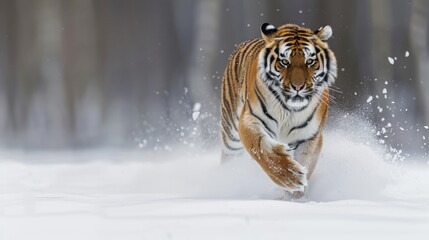 Wall Mural - Portrait wild siberian tiger majestic animal running in winter snow. AI generated image