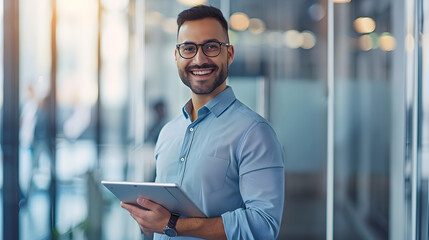 Aufkleber - Waist up portrait of smiling software engineer holding digital tablet while standing in tech office copy space : Generative AI