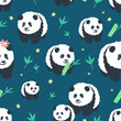 Giant Panda Seamless Pattern Vector illustration. Cute panda eating bamboo on navy blue background