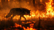A wild wolf is walking through a forest engulfed in fire. Yellow and orange flames. Serious damage has been done to the ecosystem