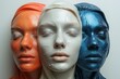 Three glossy colorful face sculptures