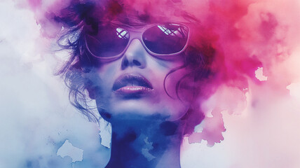 Wall Mural - A woman with a purple and blue hairdo and sunglasses