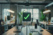 A green checklist icon on an office background for cyber security and compliance