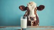Cute cow with a glass of milk on a blue background.