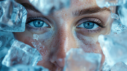 face of a young woman and beautiful eyes  with ice cubes, fashion and heat, cooling in summer, ice to preserve youthful skin