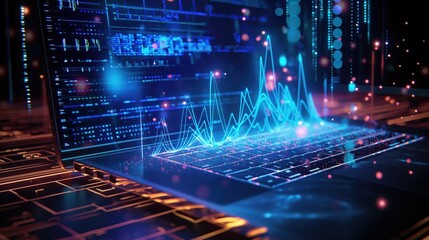 Poster - Laptop on desktop digital technology with overlaid graphs in glowing blue lights and dark background