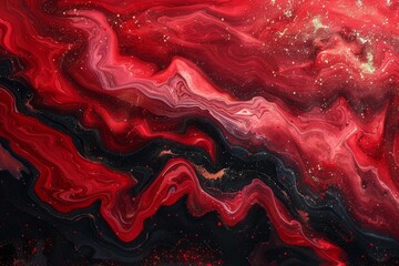Poster - Wave-like patterns with a cosmic touch in red and black shades, ideal for a stylish abstract background