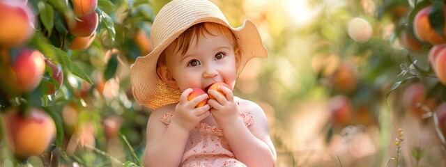 Wall Mural - a baby eats peaches in the garden.