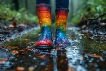 Vibrant Rain Boots Stepping Into A Puddle, Reflecting The Bright Colors On The Water's Surface Amidst Autumn Leaves