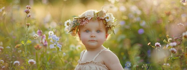 Wall Mural - little girl baby in a flower field in a wreath of flowers.