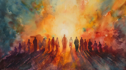 Poster - A painting of a group of people walking in a line with a sun in the background