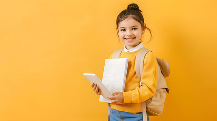 Poster - Study And Technologies Smiling Little Schoolgirl Holding Paper Book And Digital Tablet Happy Cute Preteen Female Child Comparing Options While Standing Isolated Over Yellow Background  : Generative AI