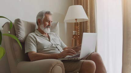Poster - Smiling mature man using laptop sitting on armchair in living room Happy confident senior male adult resting at home working on pc typing on keyboard isolated on white studio wall full : Generative AI