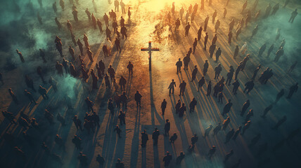 Wall Mural - A large group of people are gathered around a cross