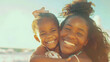 © Generative AI - Smiling young black mother and beautiful daughter having fun on the beach with copy space Portrait of happy sister giving a piggyback ride to cute little girl at seaside Lovely kid emb : Generative AI