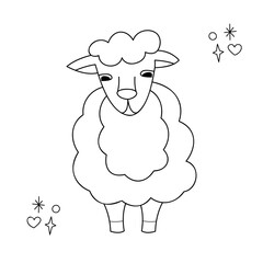 Wall Mural - Cute fluffy sheep. Doodle outline vector black and white illustration.