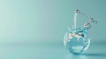Poster - A creative 3D concept of a faucet pouring water into a globe-shaped container, advocating for global water conservation. 