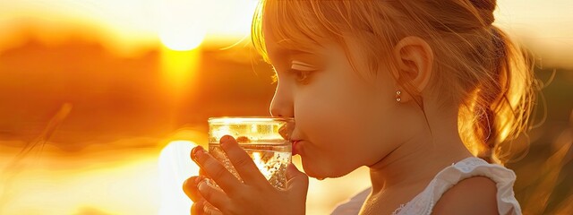 a little girl drinks water from a glass on the background of the sunset